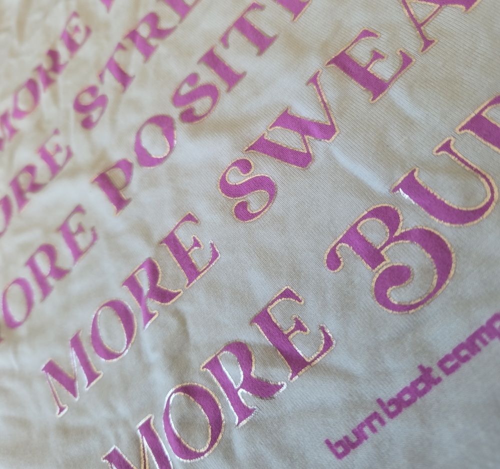 Burn Boot Camp White Tank Top with Pink Script Graphic